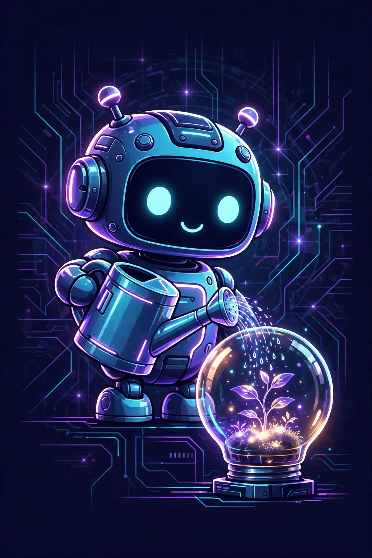 Robot watering a glowing plant, learning to use hope synonyms like optimism and faith correctly
