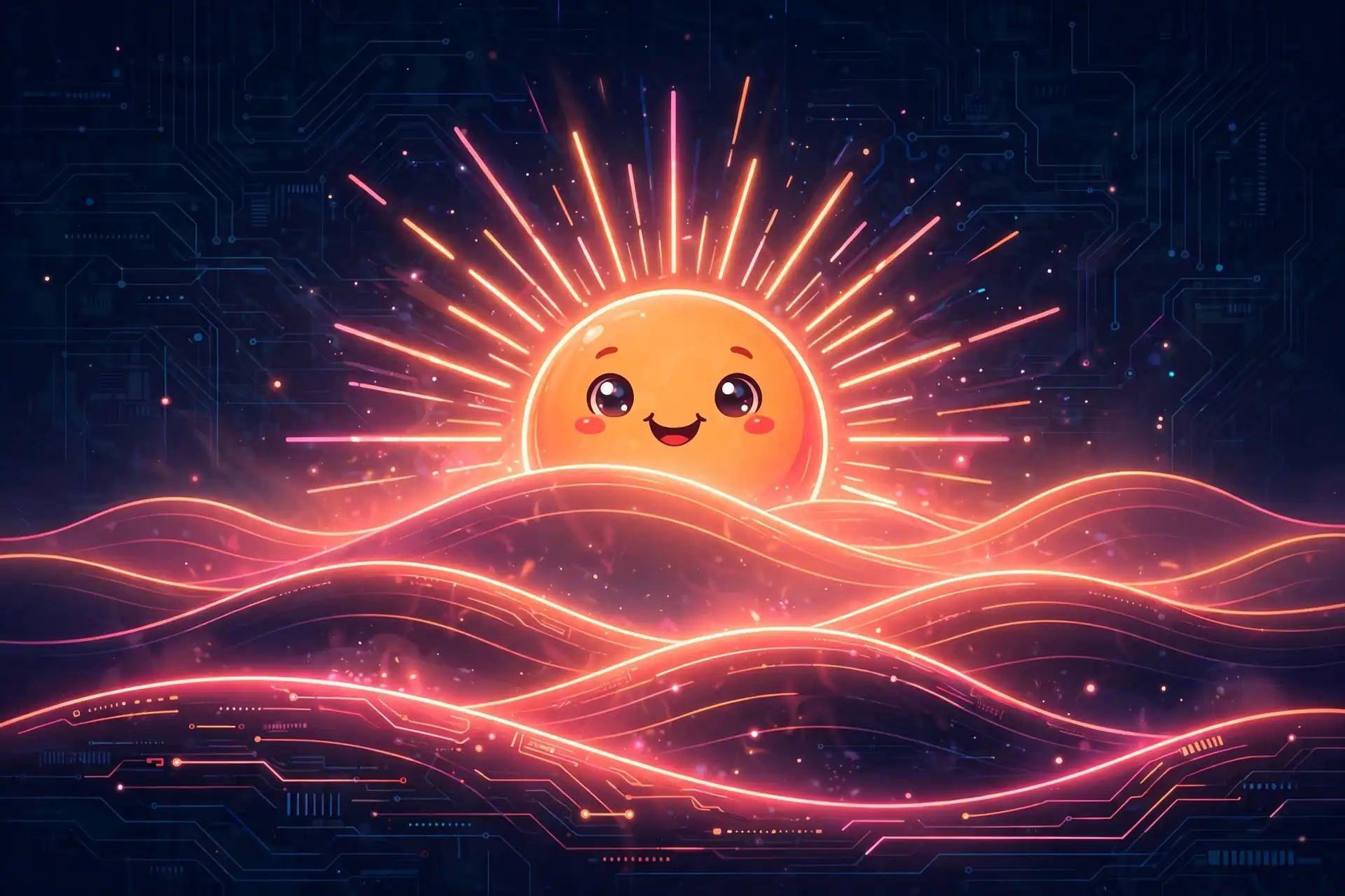 Cute smiling sun rising over glowing neon hills — bright, a hopeful synonym for a promising future