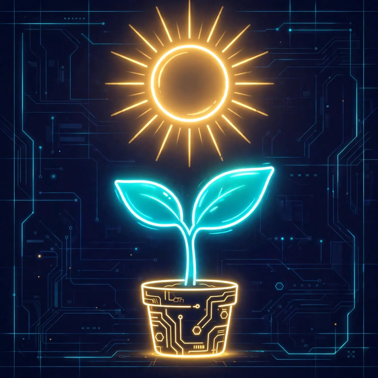 Cute seedling sprouting glowing leaves under a neon sun — promising, a hopeful synonym for new beginnings