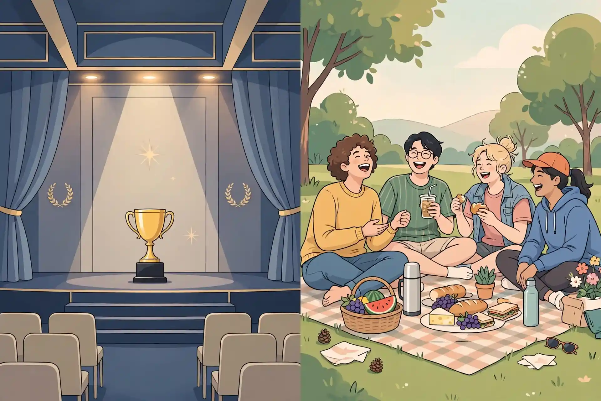 Formal vs casual synonyms for incredible - award ceremony compared with friends celebrating at a picnic