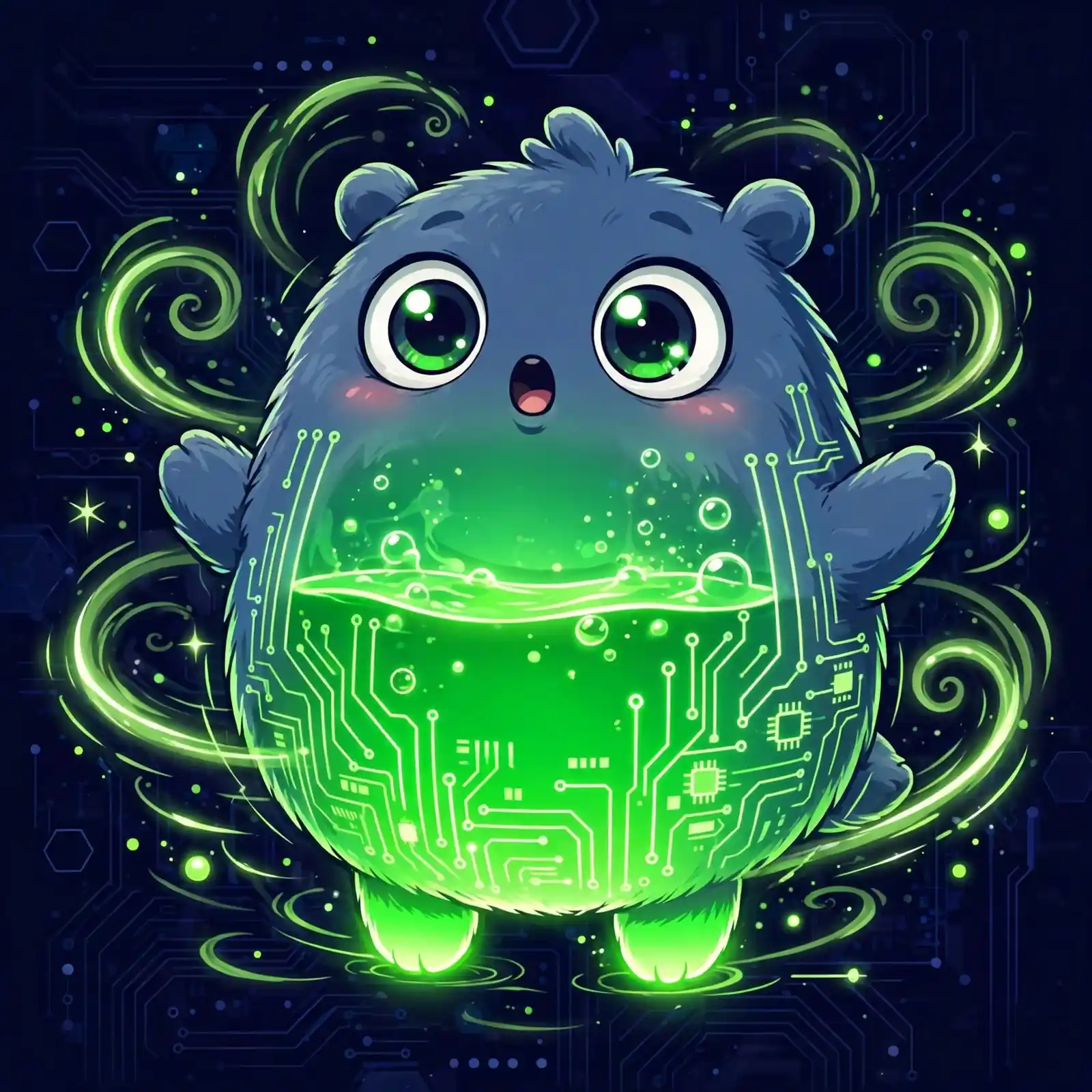 Jealous synonyms — cute monster turning bright green with envy with glowing green swirls, illustrating green with envy