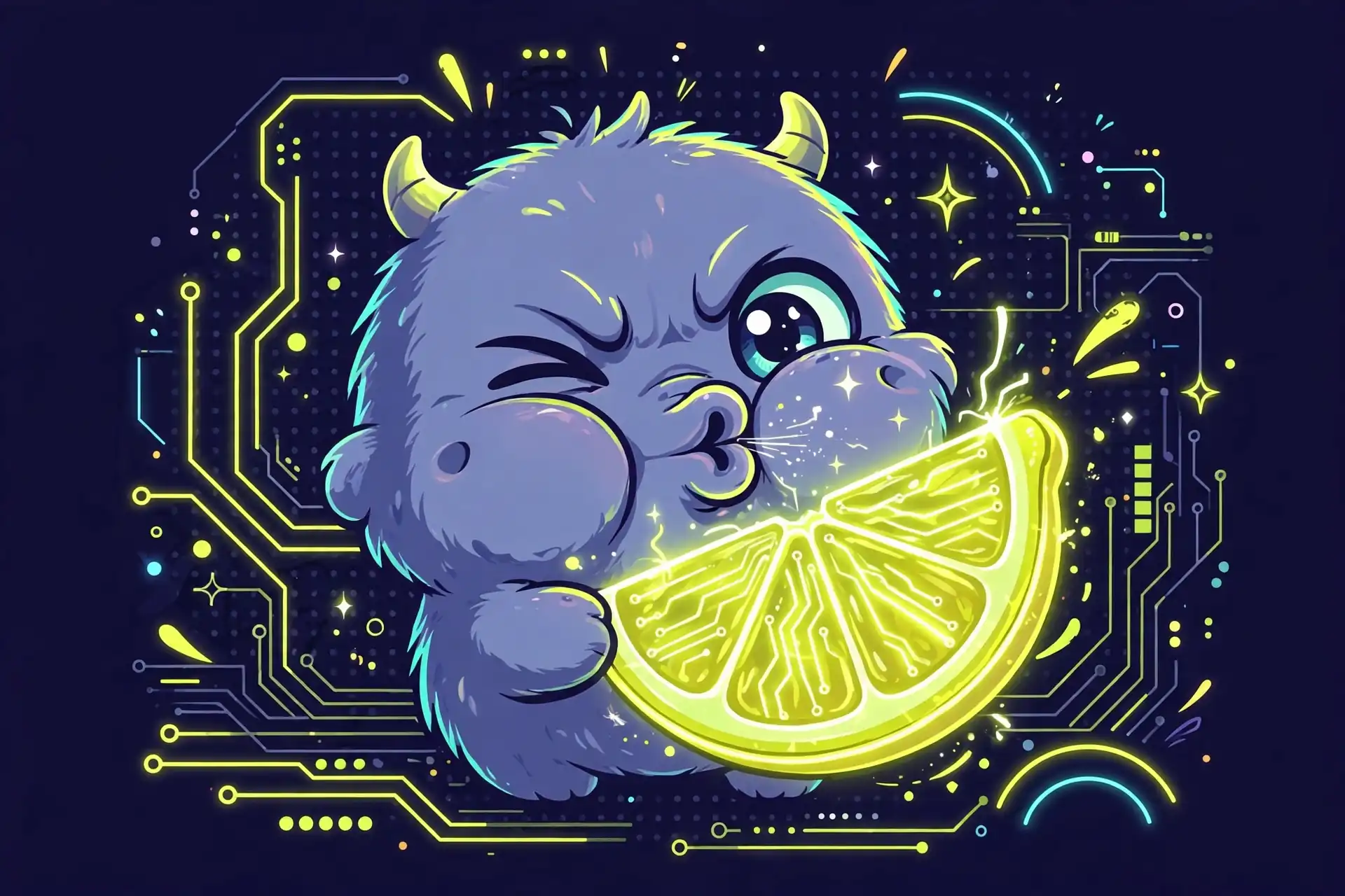 Jealous synonyms — cute monster with a sour puckered face tasting a glowing lemon slice, illustrating bitter