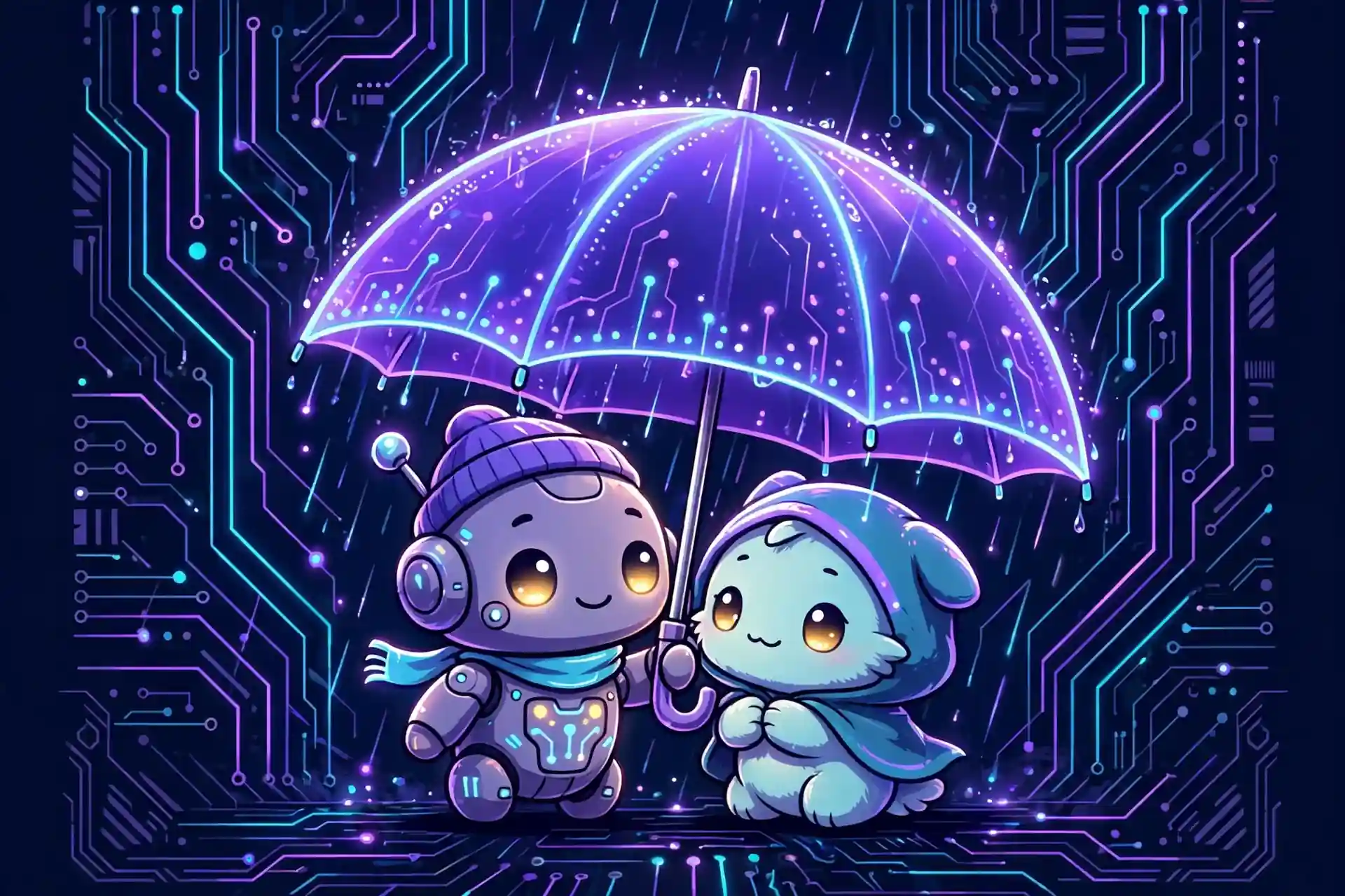 Kind synonym concept art showing two cute characters sharing a glowing umbrella - warm-hearted and friendly alternatives to kind