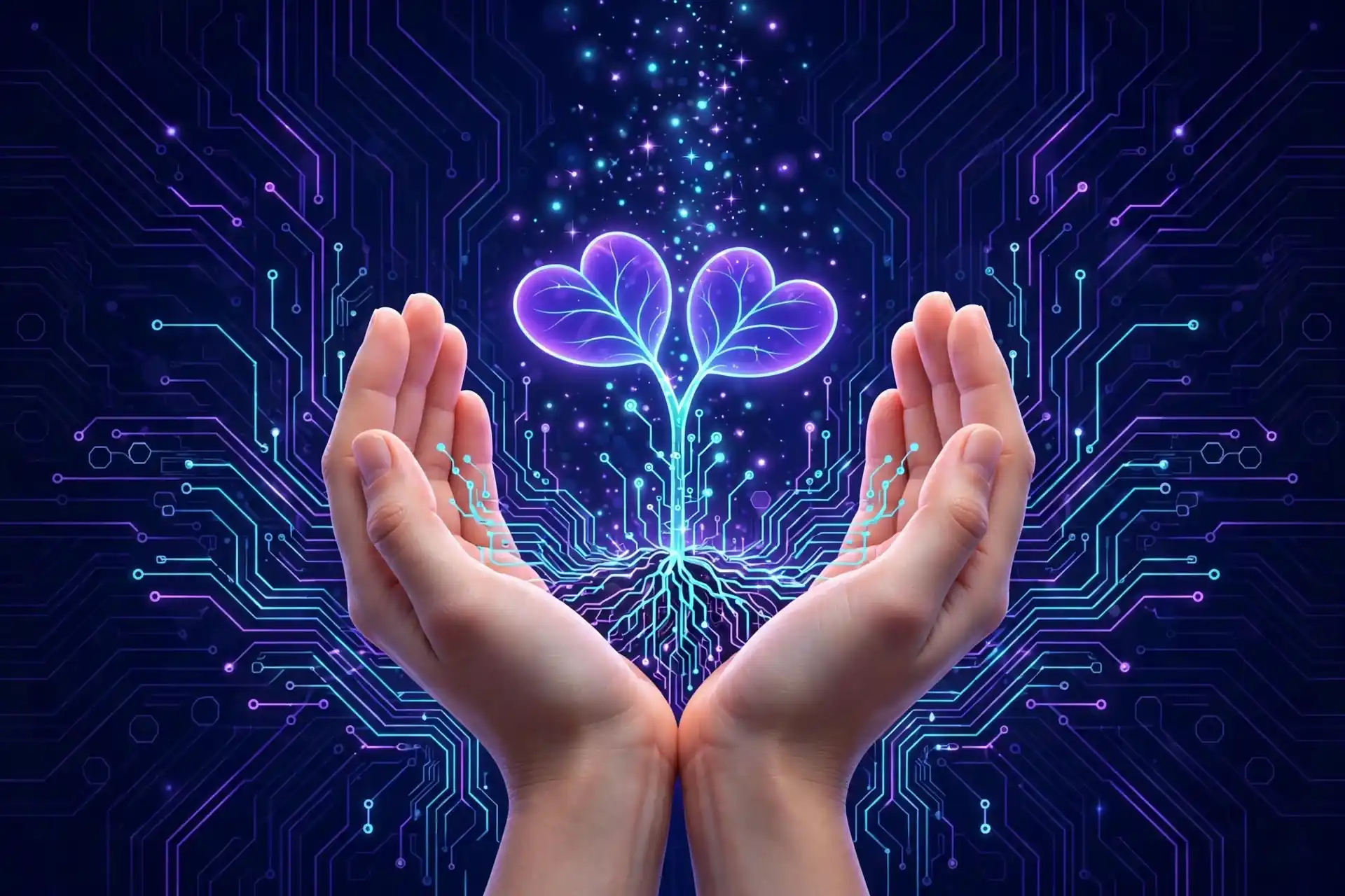 Kind synonym illustration of a glowing seedling with heart-shaped leaves growing from open hands - generous and charitable ways to say kind