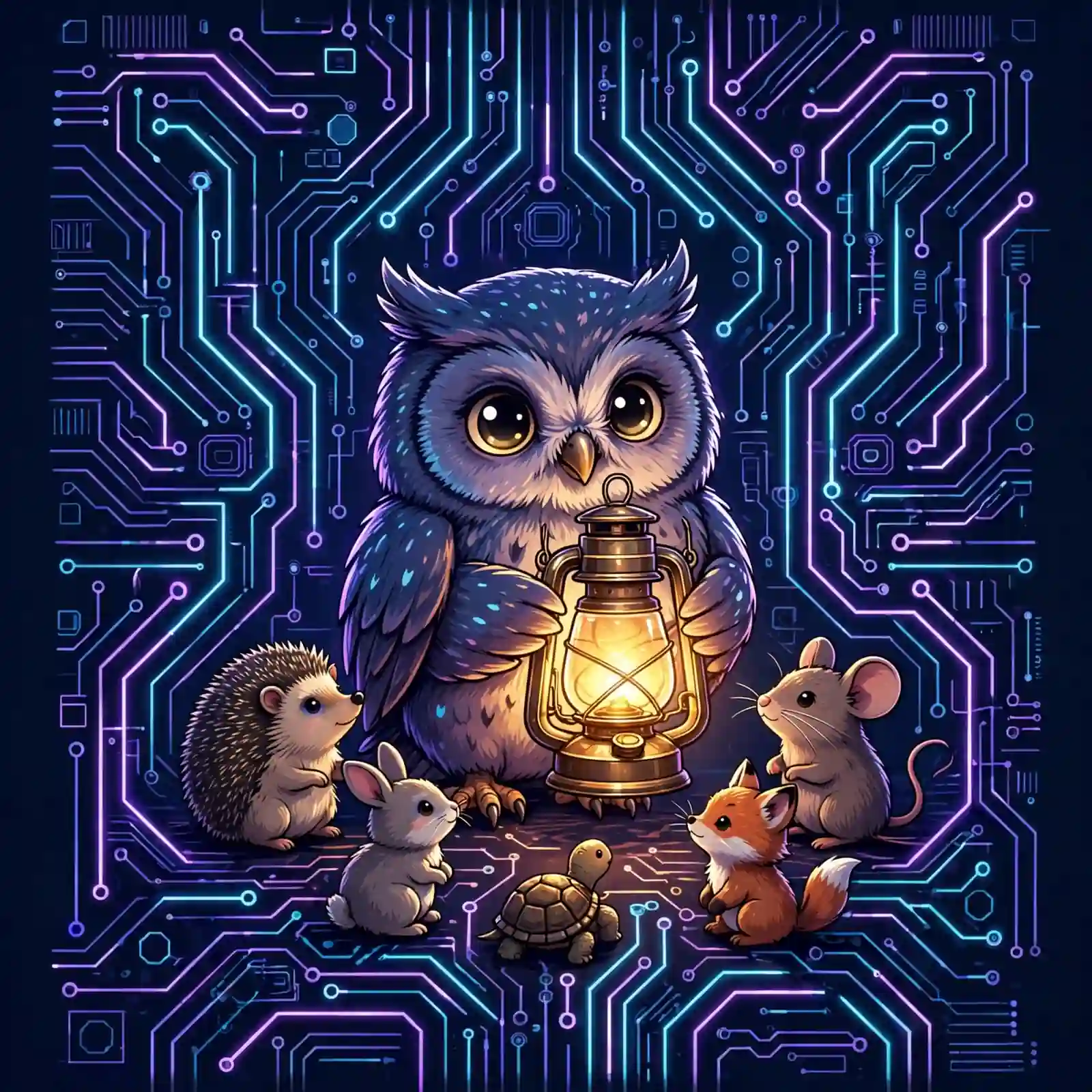Kind synonym artwork of a cute owl holding a glowing lantern for small animals - compassionate and humane synonyms for kind