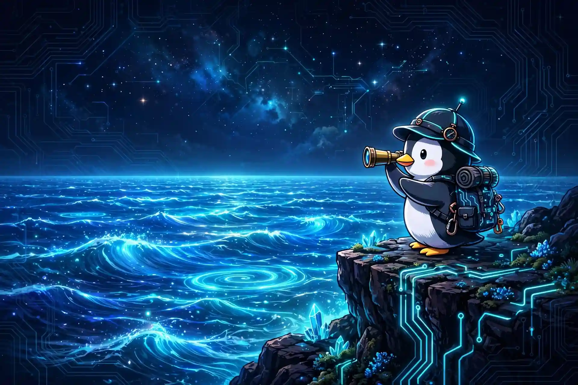 Cute penguin explorer gazing over a vast glowing ocean — vast, a large synonym for wide-open spaces