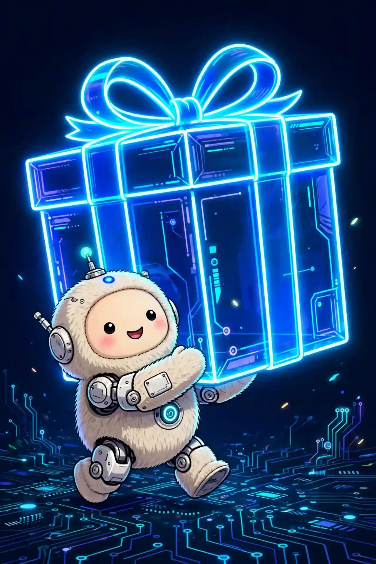 Cute robot carrying an enormous glowing gift box — bulky, a large synonym for awkward, space-taking size