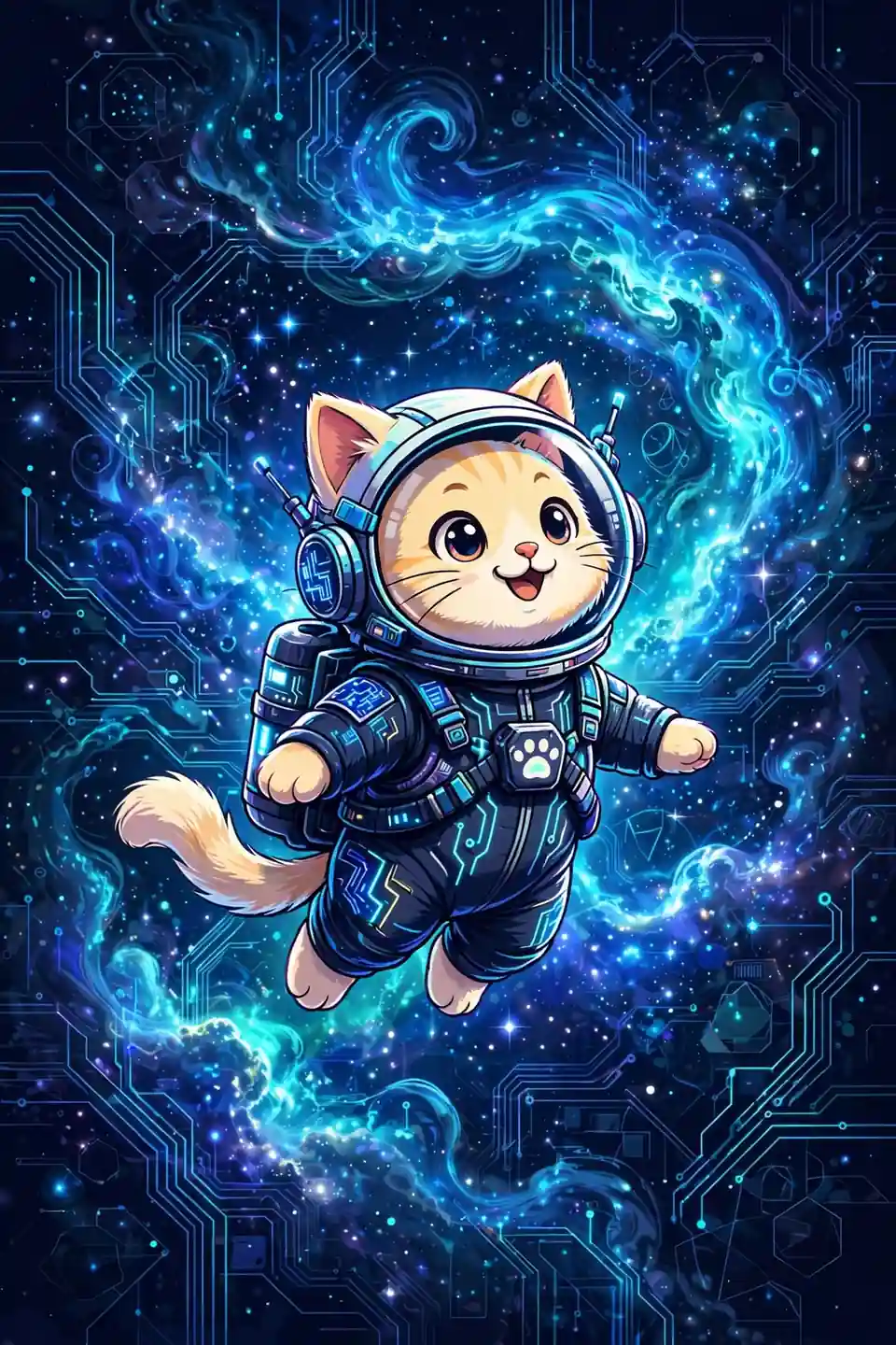 Cute astronaut cat floating in a boundless glowing galaxy — boundless, a large synonym for size without limits