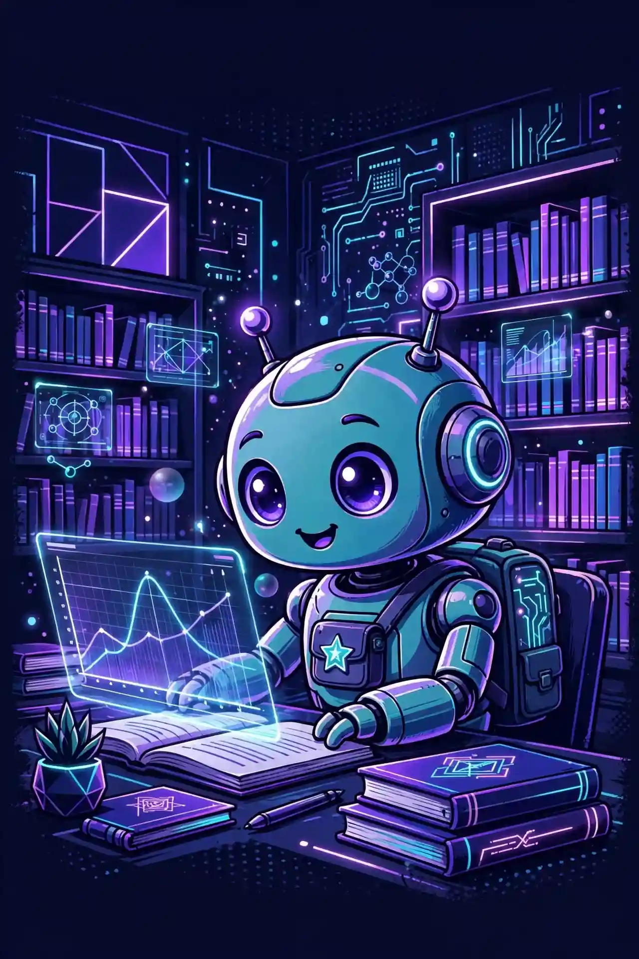 Robot studying in a neon library, showing formal learn synonyms like study, research and acquire