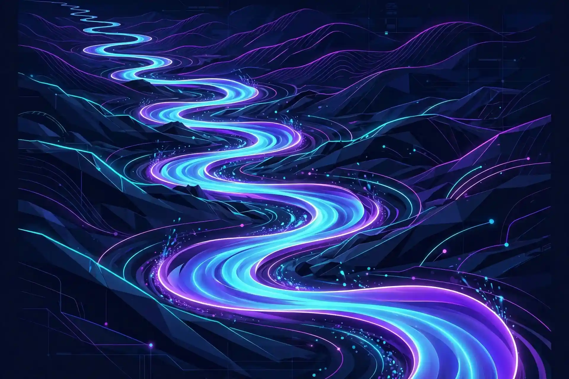 Long glowing ribbon river winding through neon hills, a visual for lengthy and extensive synonyms for long