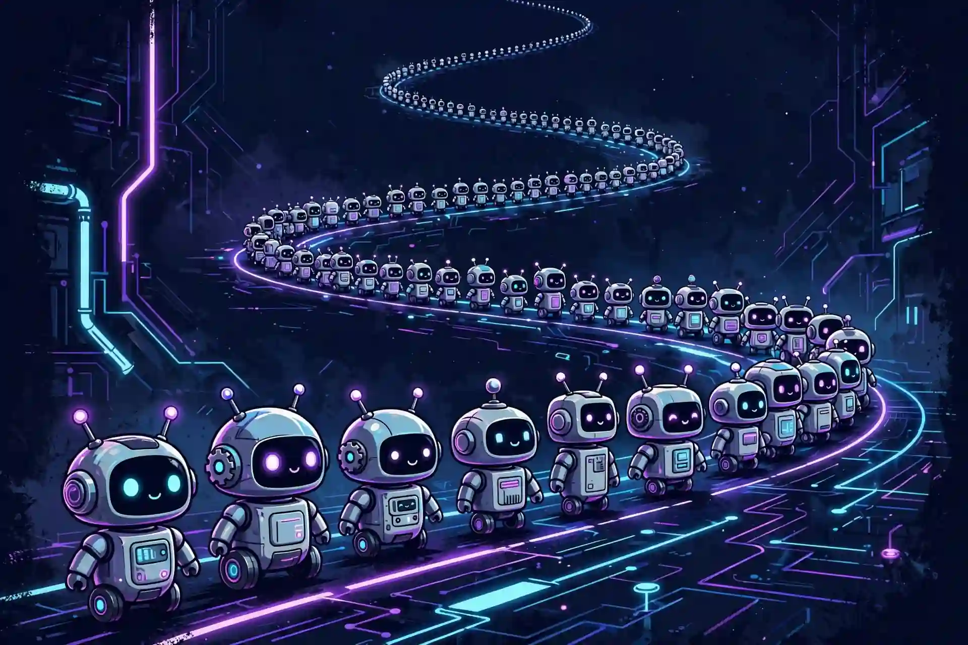 Very long queue of cute robots waiting patiently, a visual for drawn-out and interminable synonyms for long