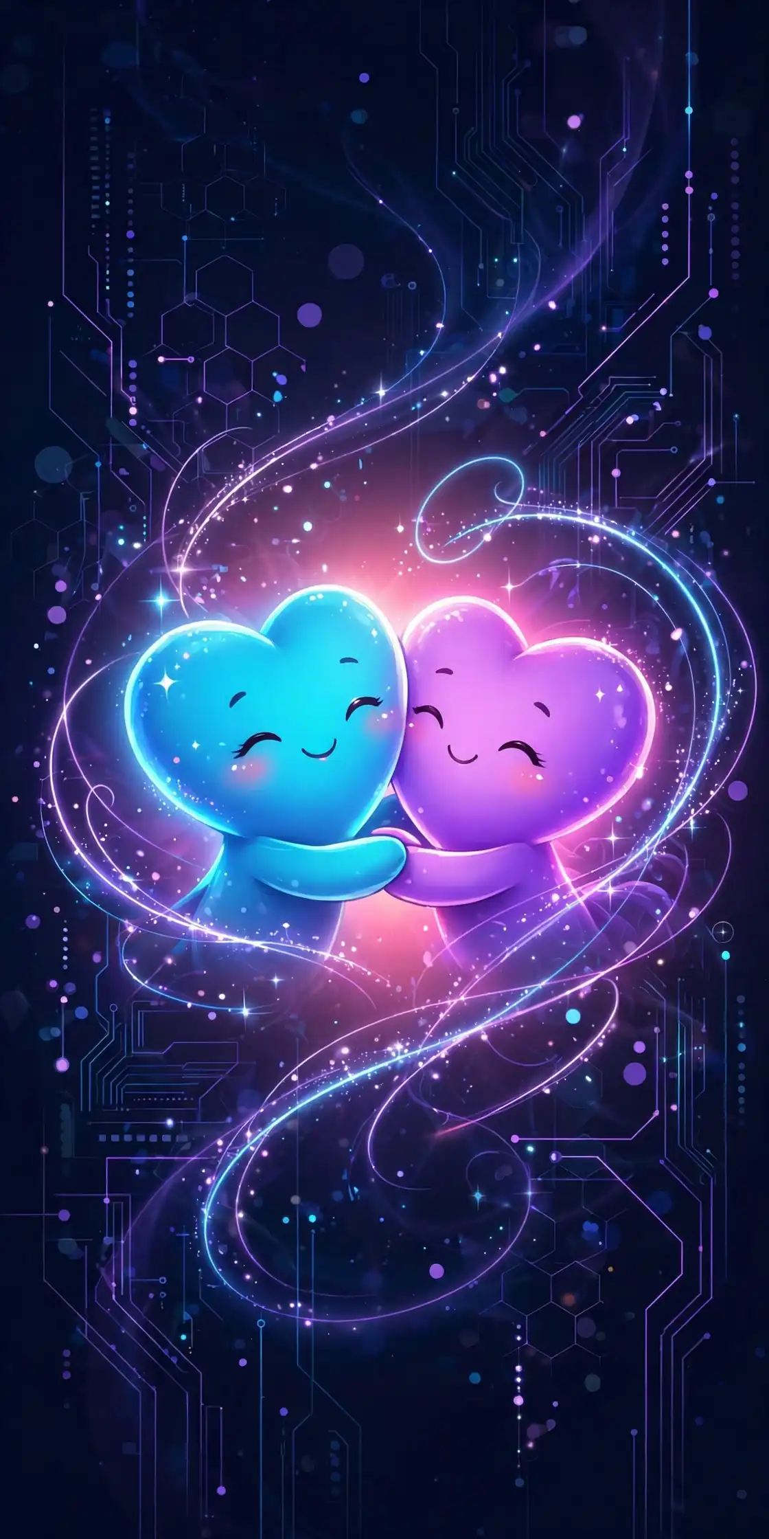 Love synonyms for affection — neon illustration of two cute glowing heart characters hugging on a dark navy background