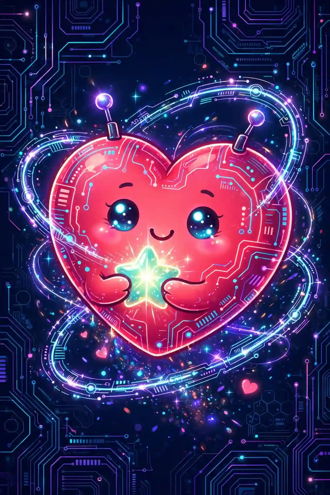 Love synonyms for romance and devotion — neon illustration of a cute glowing heart character holding a shining star on a dark navy background