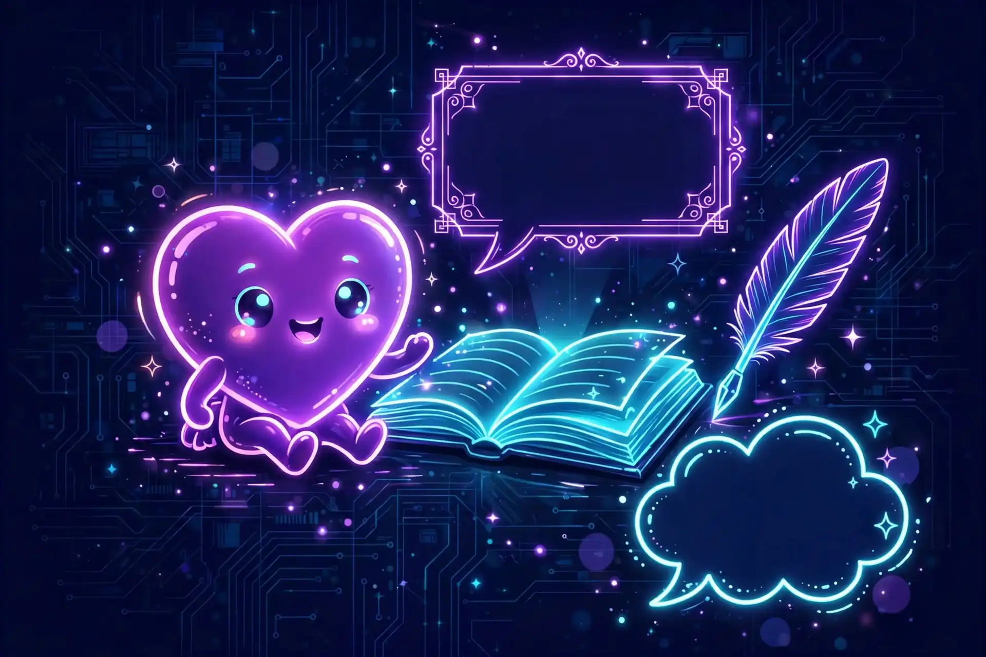 Formal and casual love synonyms — neon illustration of a cute glowing heart character with an open book and quill on a dark navy background