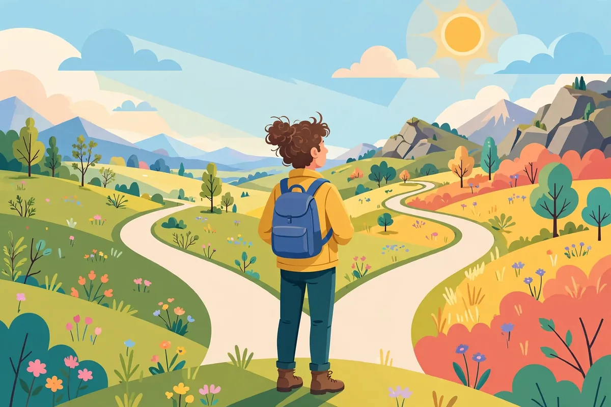 Different ways to say mindset in English - person choosing between two paths in a bright landscape
