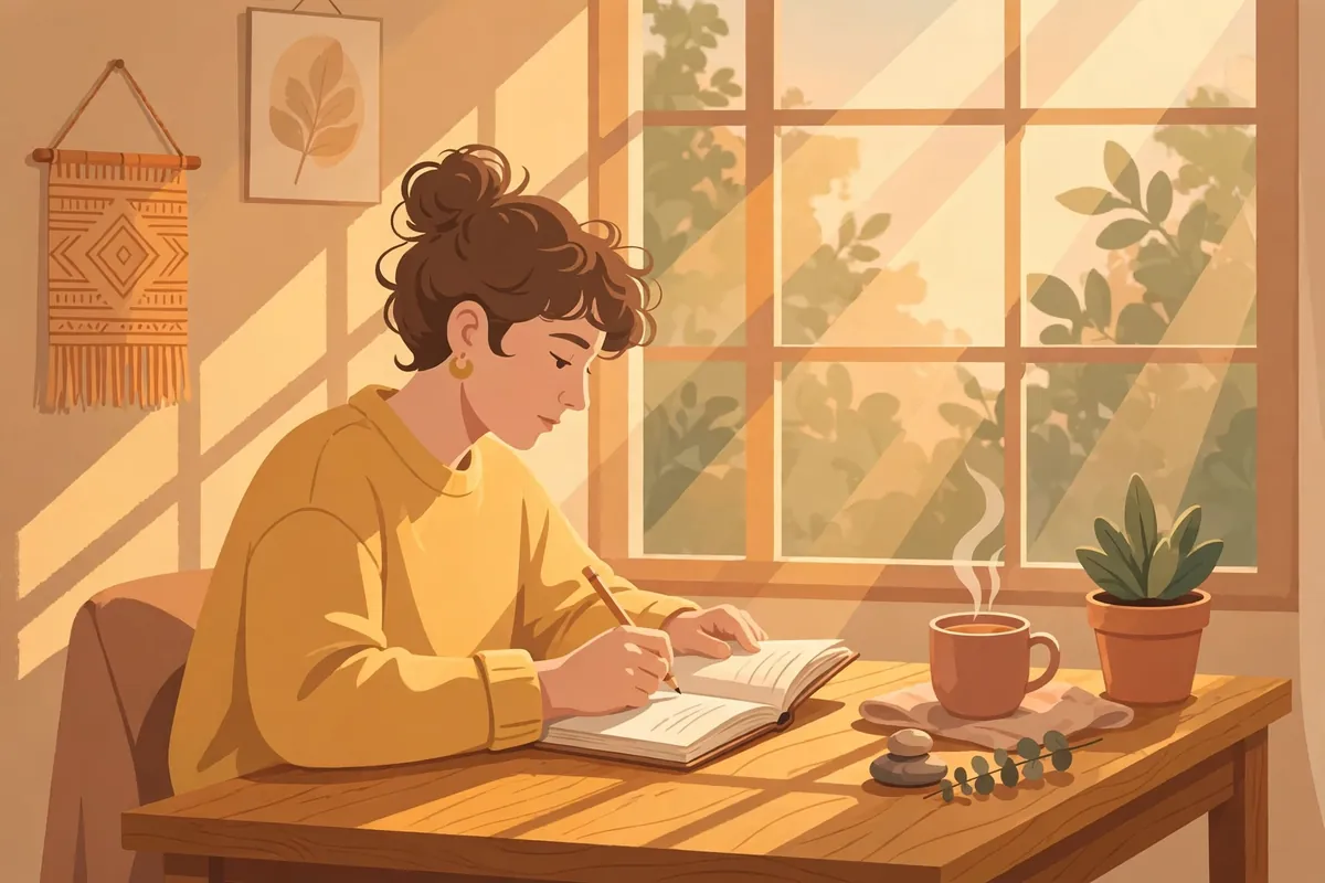 How to use mindset synonyms correctly - person journaling at a sunny desk