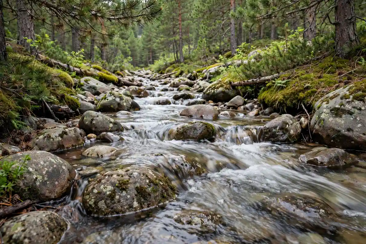 Natural synonym usage examples - clear mountain stream in a pine forest