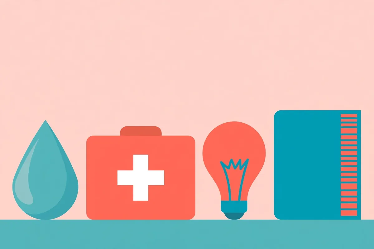 Essential everyday items that are necessary: water, light bulb, book and first aid kit in flat illustration style