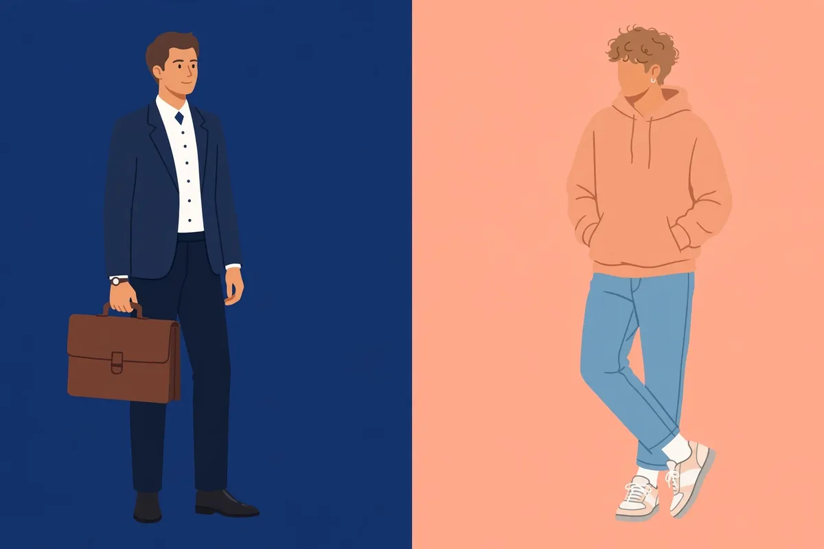 Formal vs casual necessary synonyms comparison: business professional versus relaxed casual person illustration