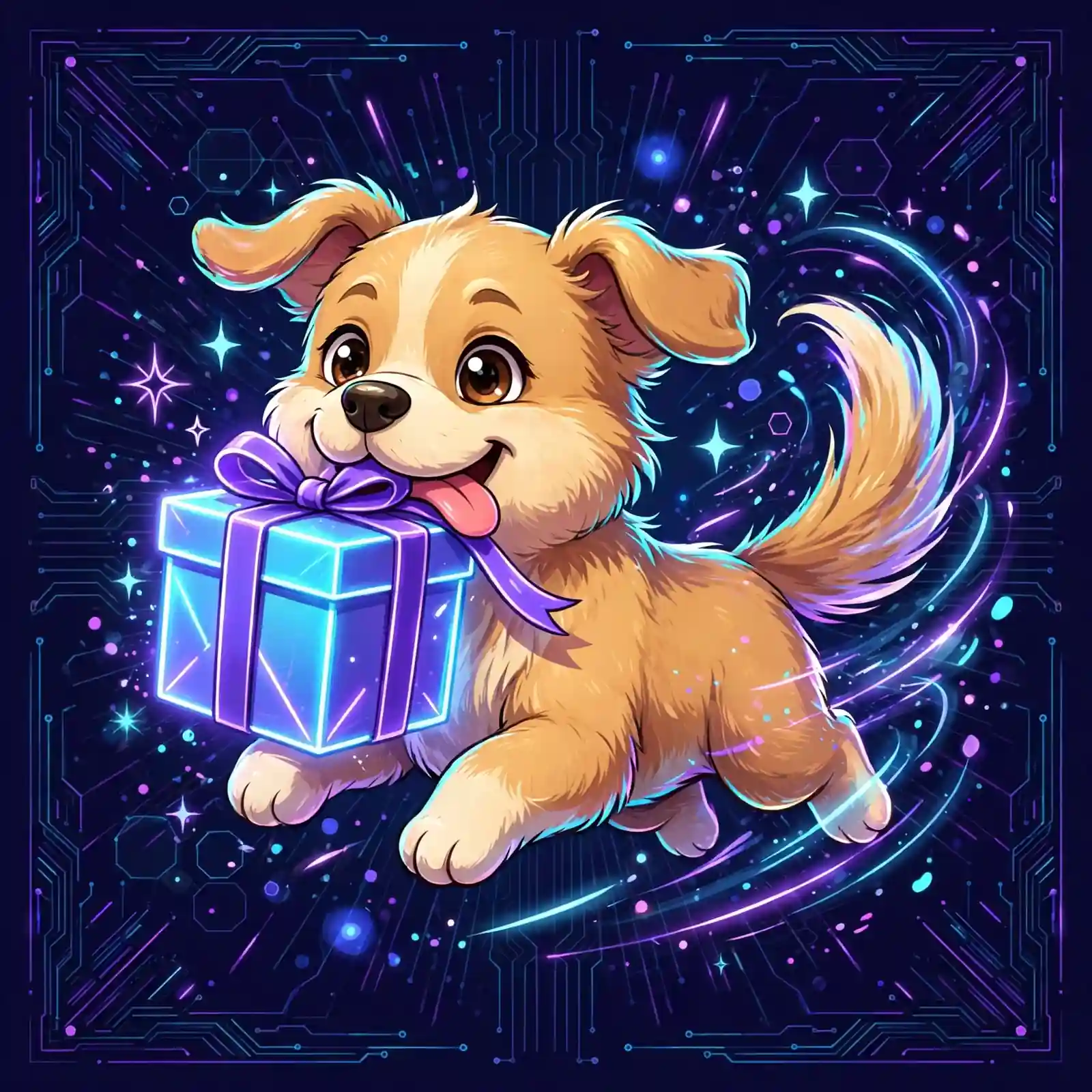 Cute puppy carrying a glowing gift box — delightful, a joyful nice synonym