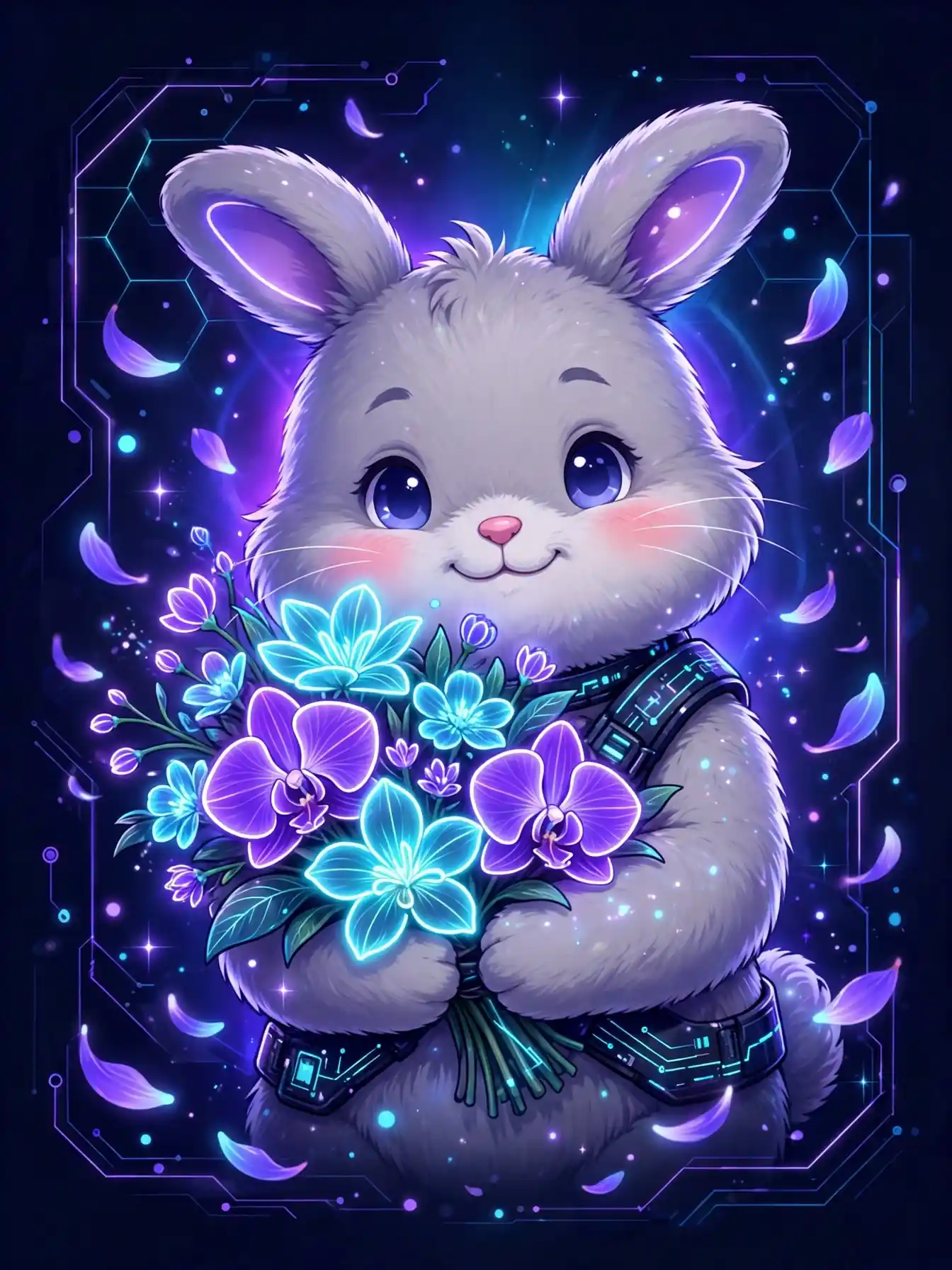 Cute bunny holding a glowing bouquet of flowers — lovely, a warm nice synonym