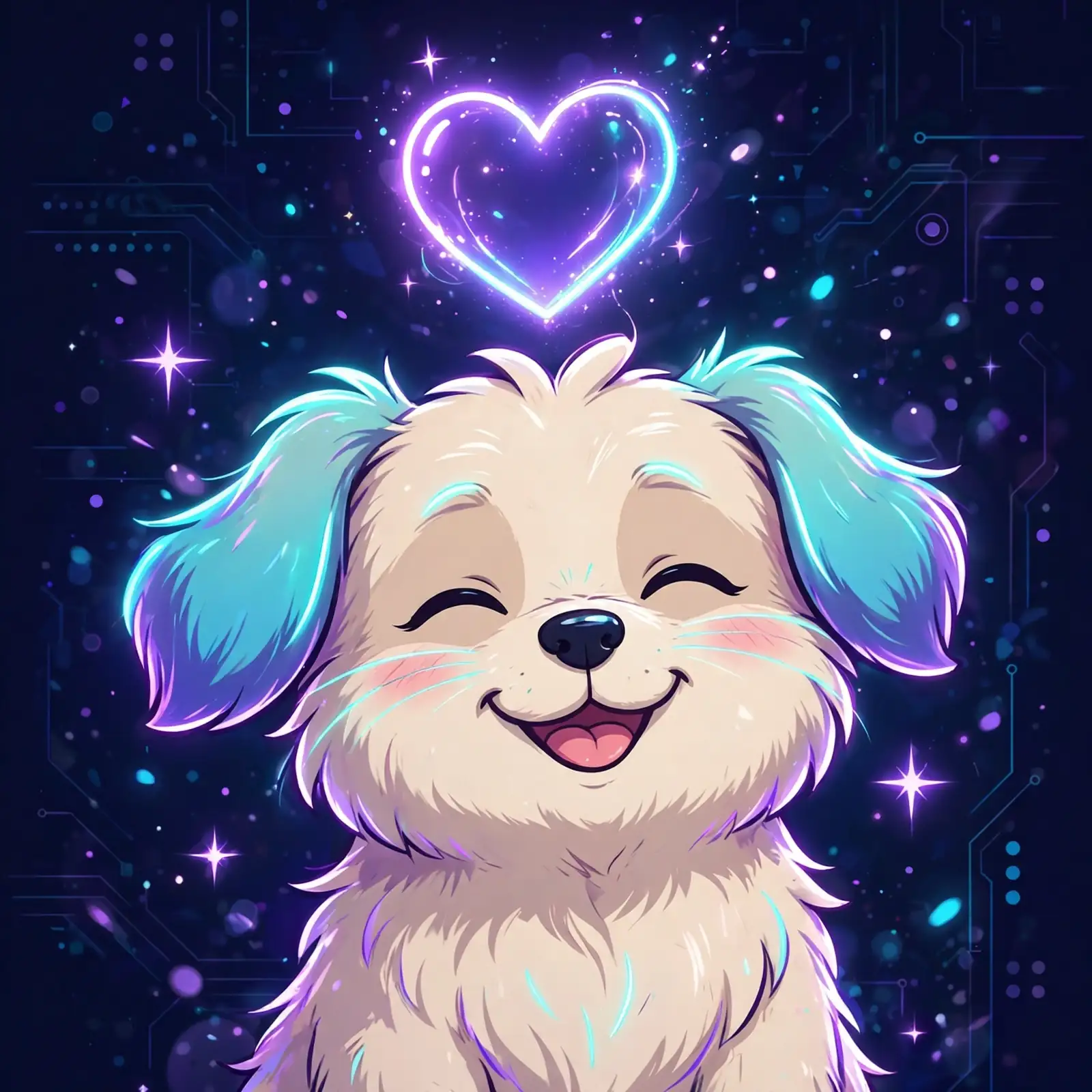 Cute smiling dog with a glowing heart above its head — good-natured, an easy-going nice synonym