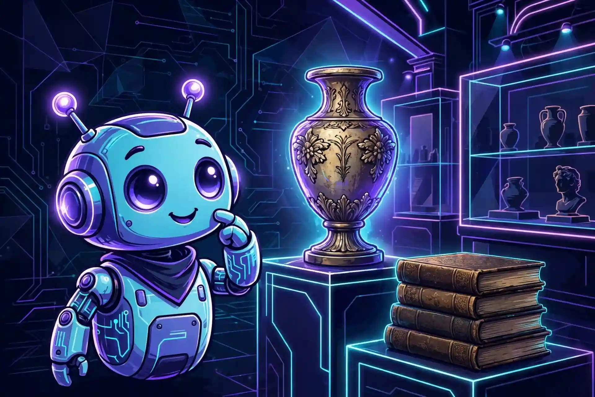 Robot curator admiring antiques, showing formal old synonyms like ancient, antique and archaic