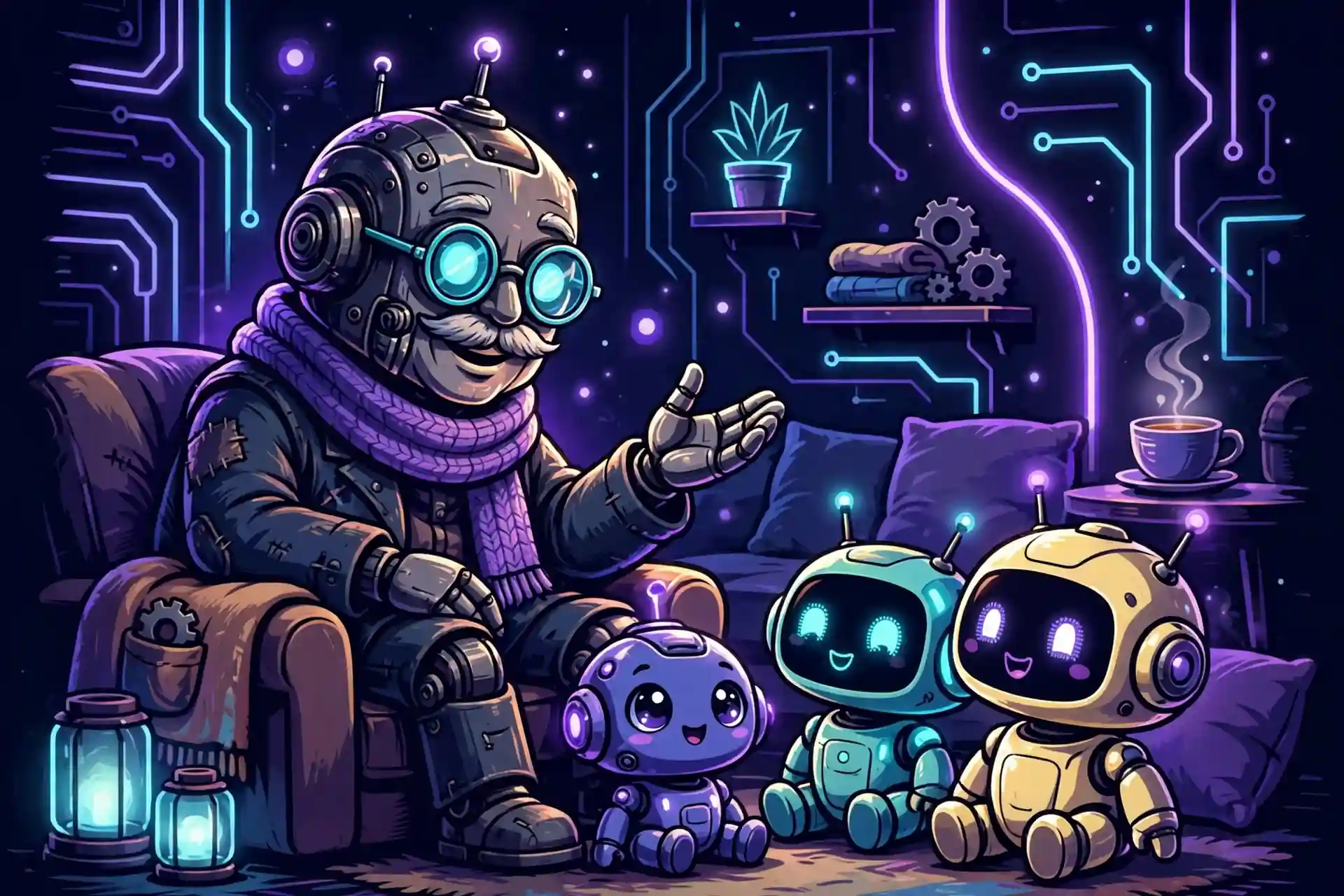 Grandpa robot telling stories, showing polite old synonyms for people like elderly, senior and mature