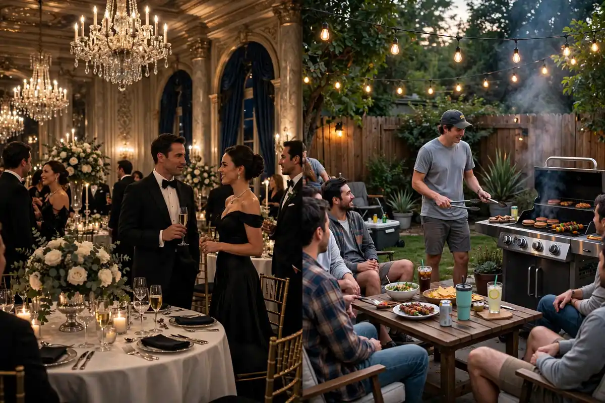 Formal vs casual synonyms for party - elegant gala compared with backyard bash