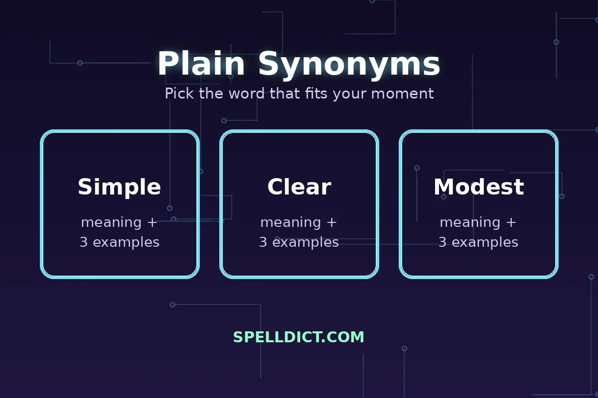 Sample plain synonyms shown as neon cards: simple, clear, modest