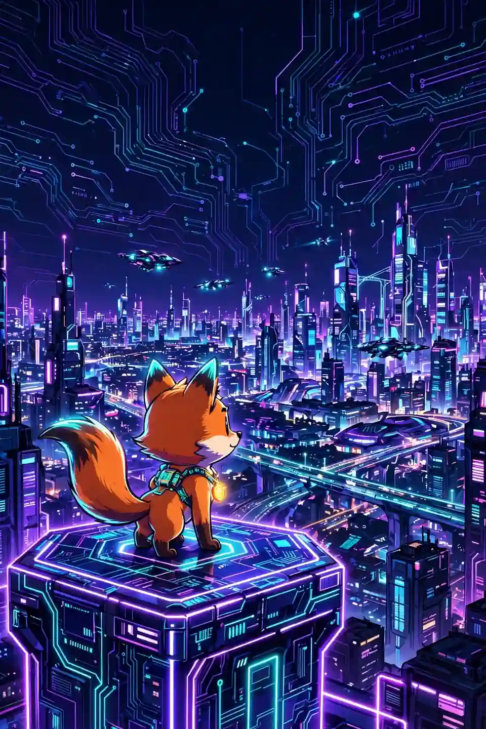 Cute fox champion on a glowing neon podium above a city — dominant, a powerful synonym for coming out on top