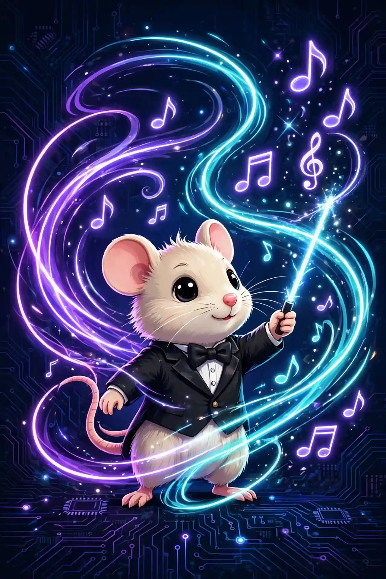 Cute mouse maestro conducting ribbons of glowing light — masterful, a powerful synonym for supreme skill