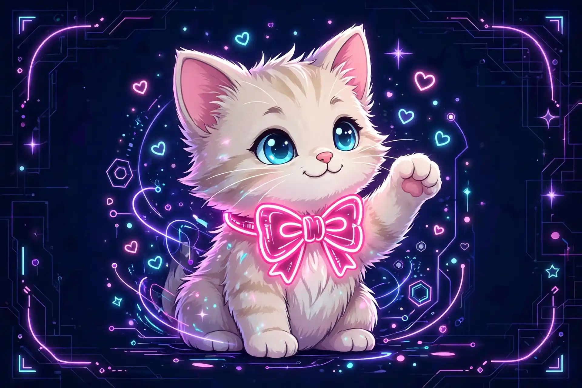 Cute kitten wearing a glowing bow tie — charming, a pretty synonym full of personality