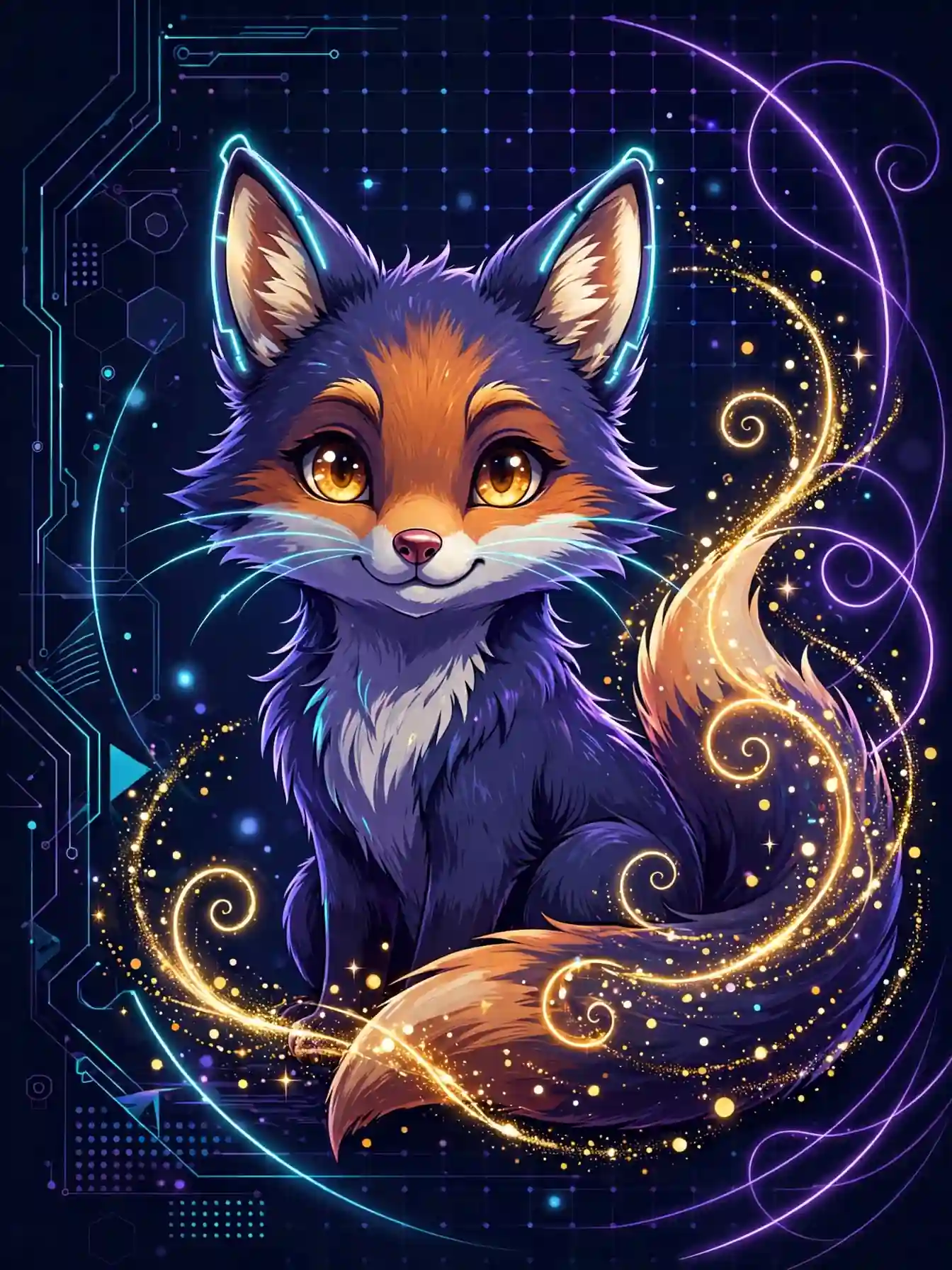 Cute fox with glowing amber eyes and sparkles — alluring, a mysterious pretty synonym