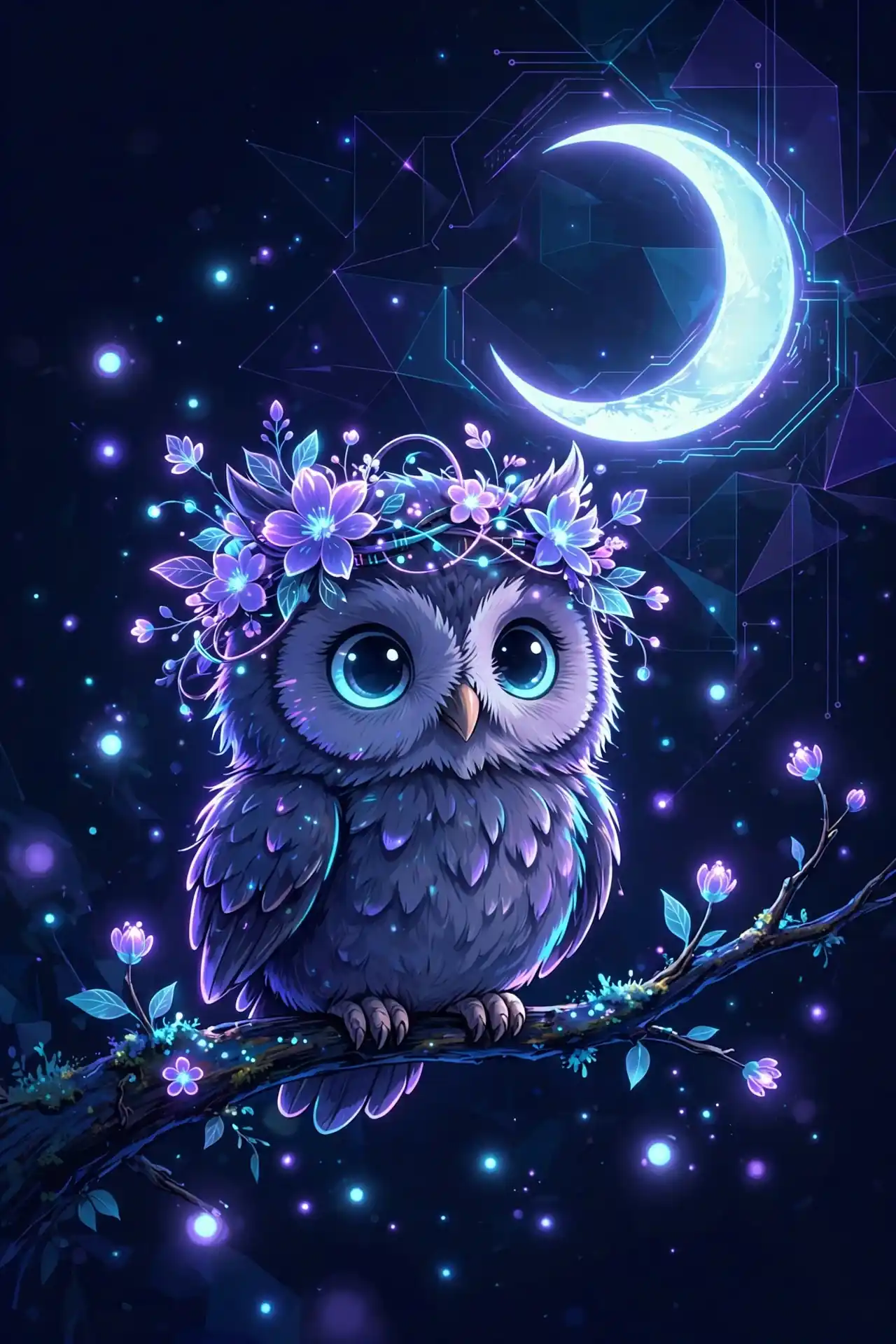 Cute owl wearing a glowing flower crown under moonlight — fair, a storybook pretty synonym