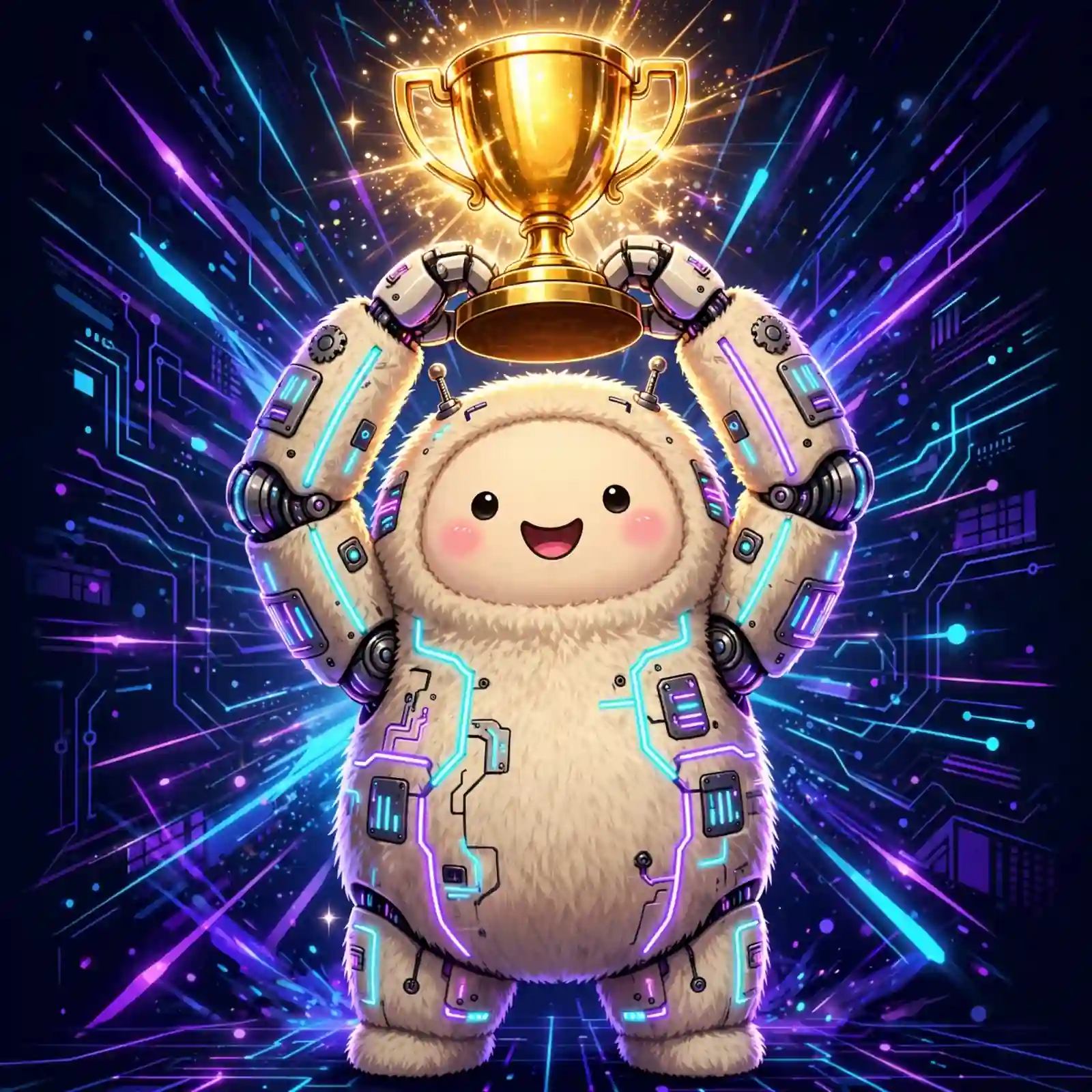 Cute robot lifting a glowing golden trophy in celebration, a visual for triumphant and glorious synonyms for proud