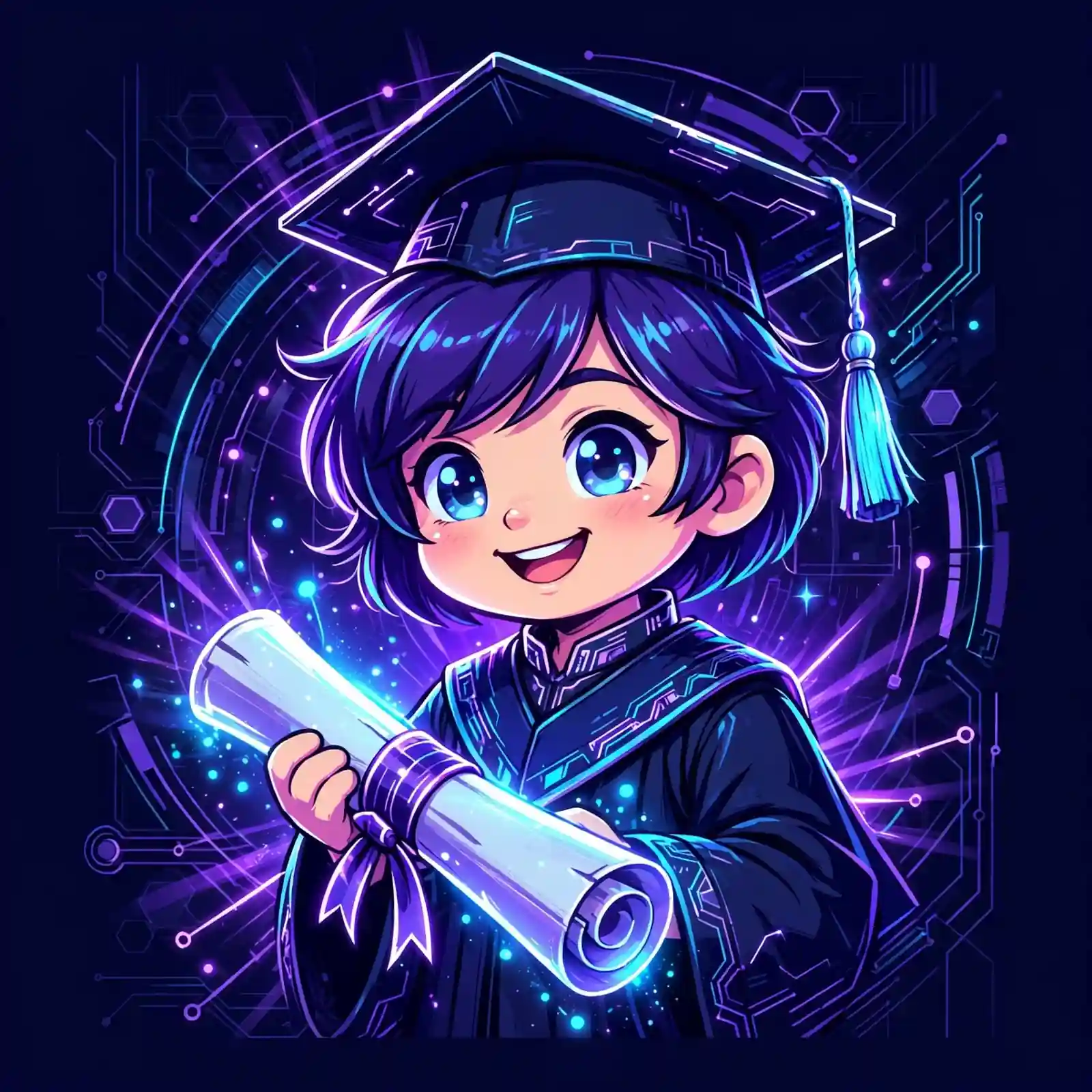 Cute proud graduate holding a glowing diploma, a visual for fulfilled and delighted synonyms for proud