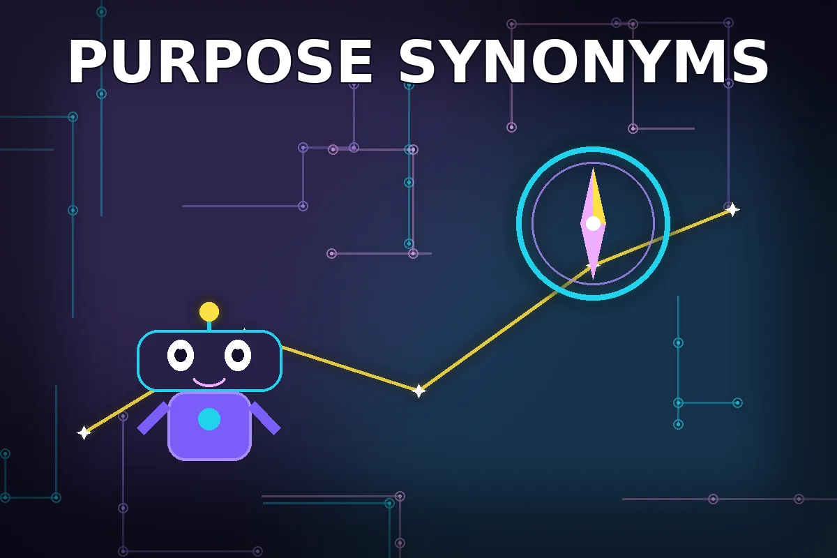 Purpose synonyms — cute robot following a glowing star path with a compass on dark navy background
