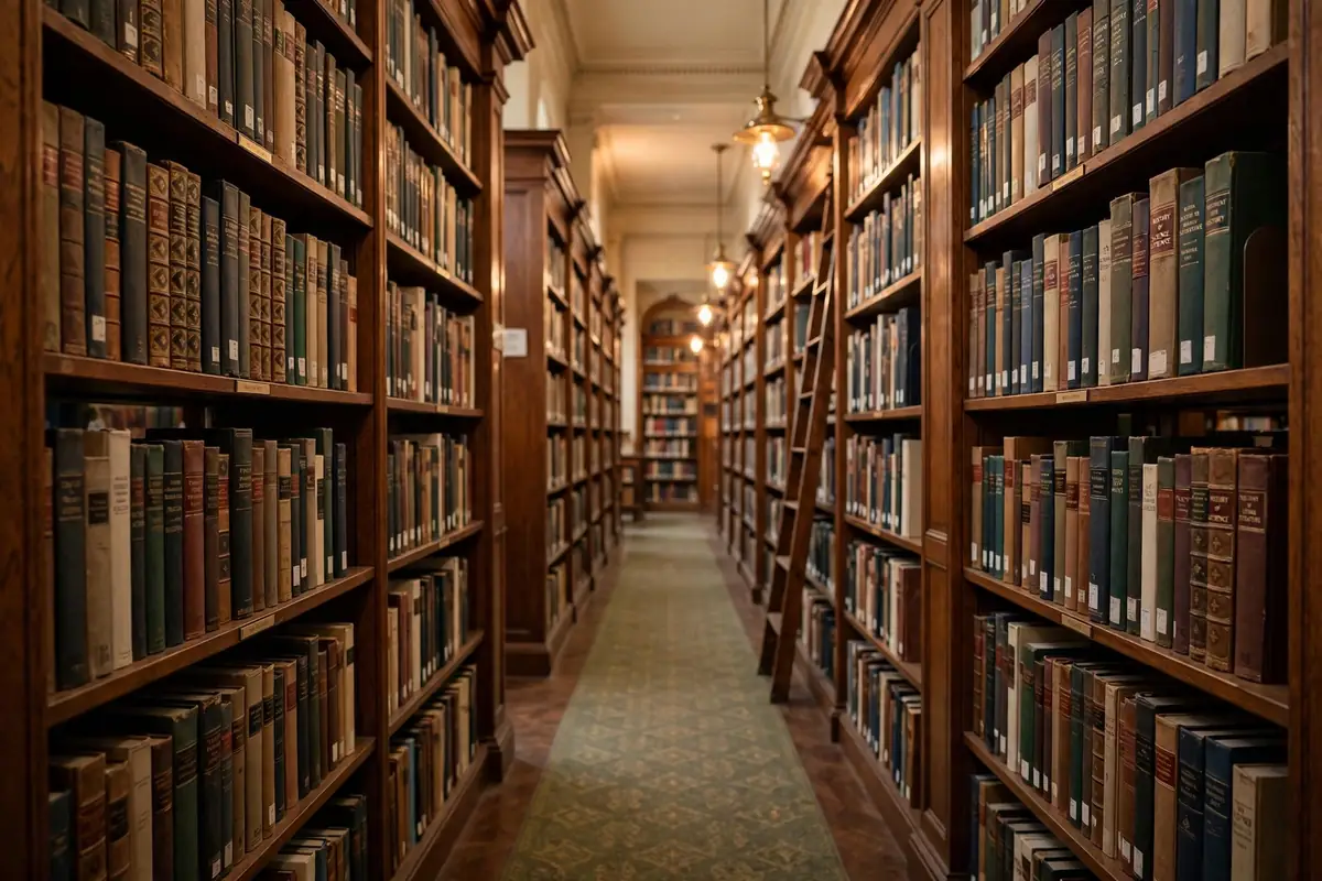 Formal vs casual quiet synonyms - empty quiet library with wooden bookshelves