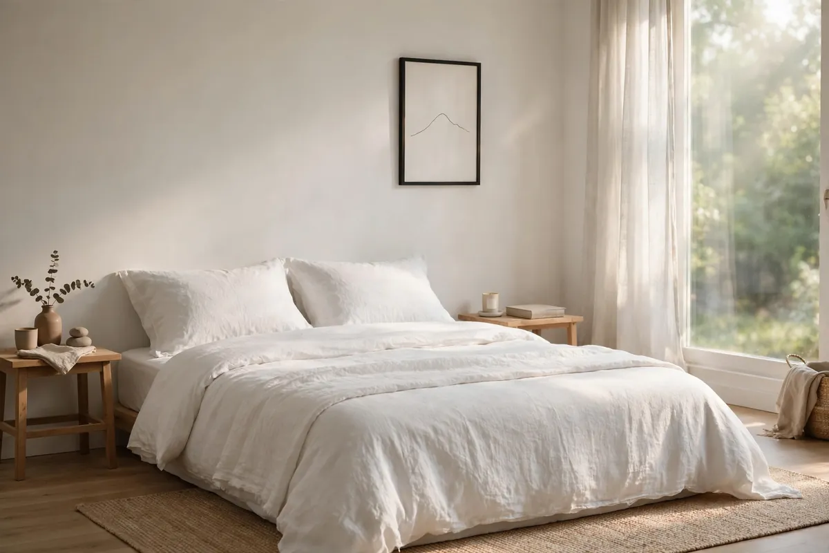 How to use quiet synonyms correctly - peaceful minimal bedroom in morning light