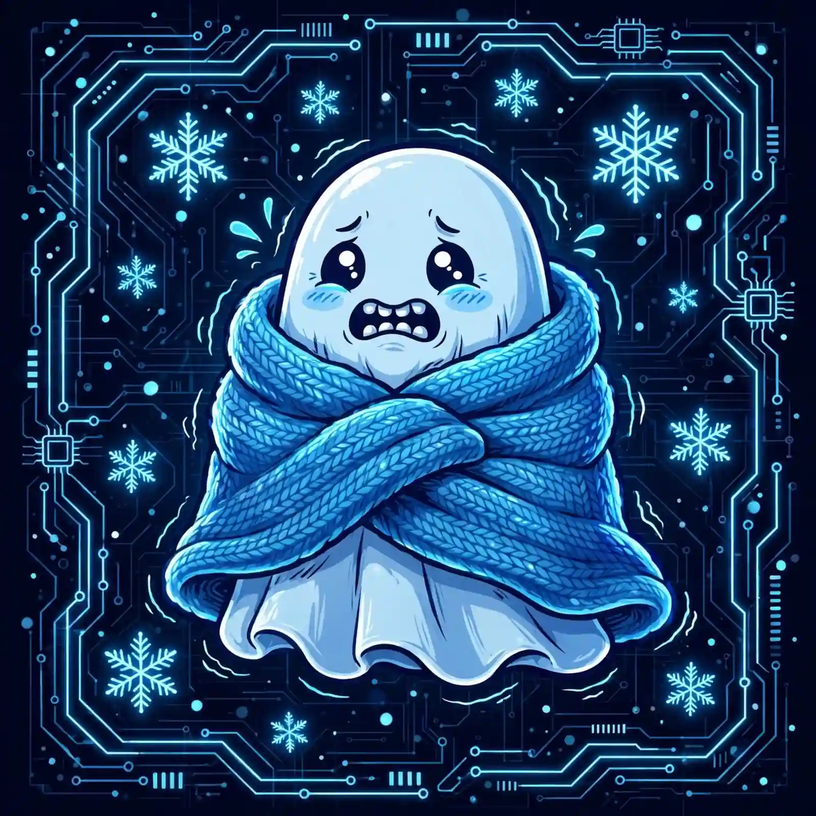 Cute little ghost shivering in a glowing blue blanket illustrating chilling, a scary synonym