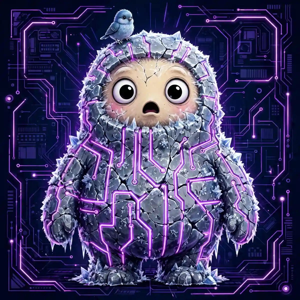Cute friendly monster frozen still like a statue illustrating petrifying, a scary synonym