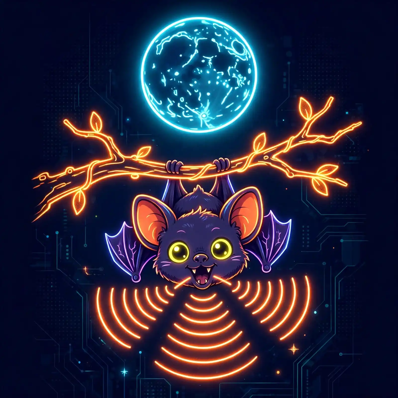 Cute baby bat letting out a playful squeak with glowing sound waves illustrating bloodcurdling, a scary synonym