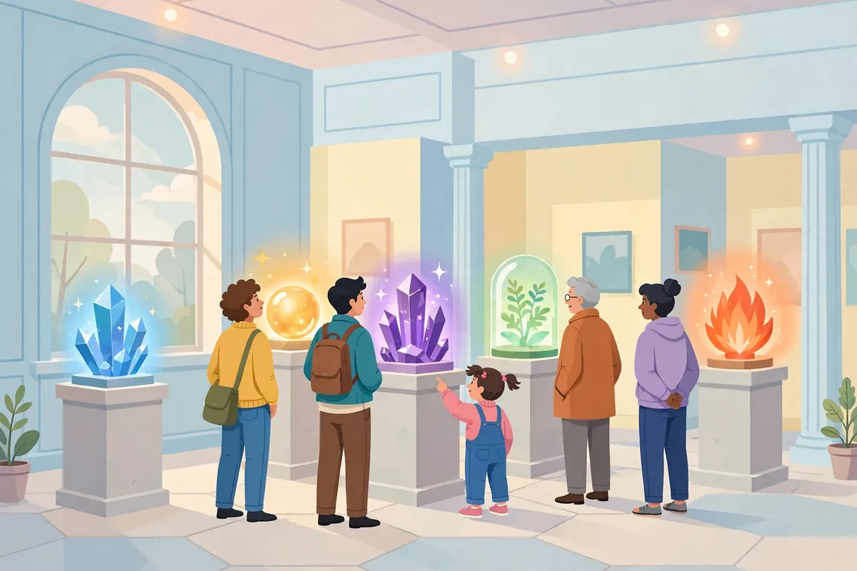 Different ways to say show in English - museum display of glowing objects with visitors