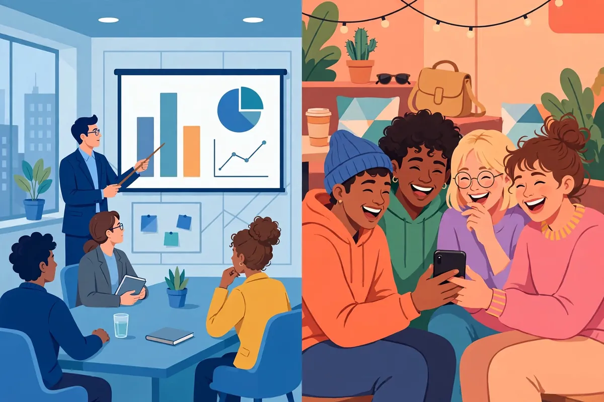 Formal vs casual synonyms for show - office presentation compared with friends laughing
