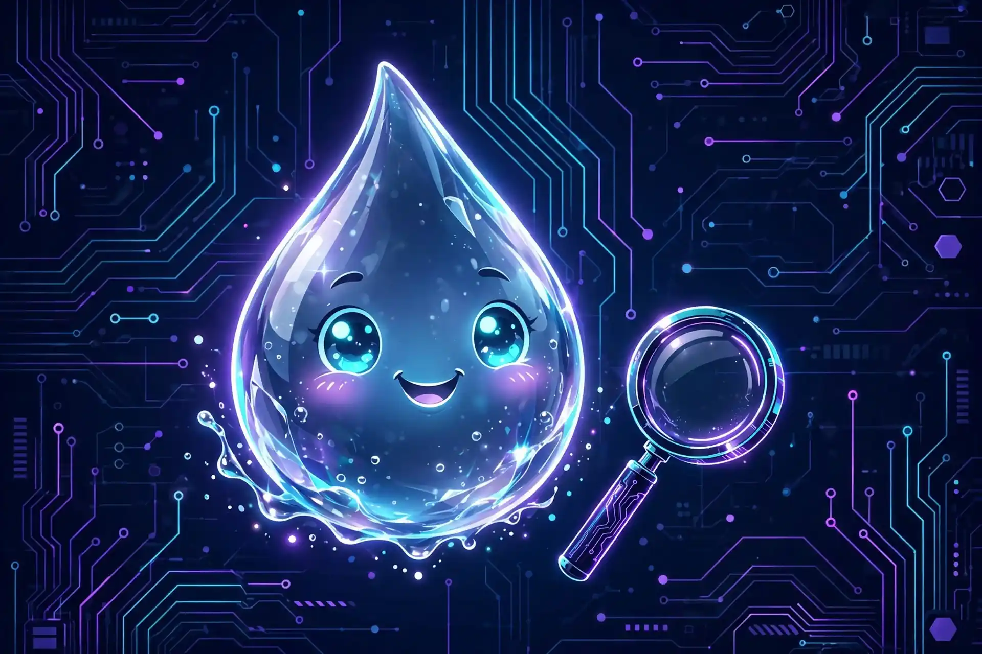 Crystal-clear glowing water drop character representing simple synonyms like clear, plain and uncomplicated