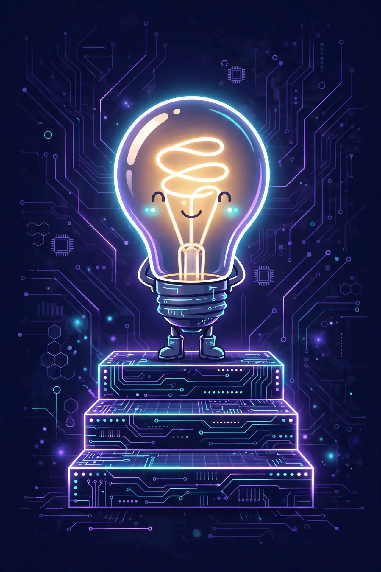 Glowing light bulb character climbing three easy steps, representing simple synonyms like effortless, manageable and foolproof