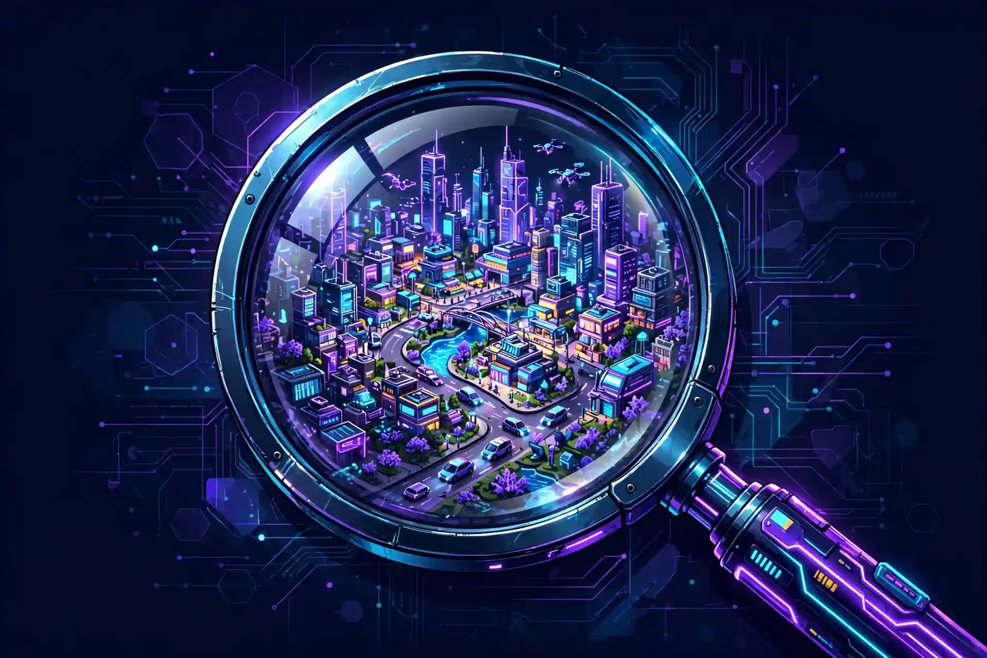 Miniature glowing city under a magnifying glass, a visual for small synonyms like miniature and compact