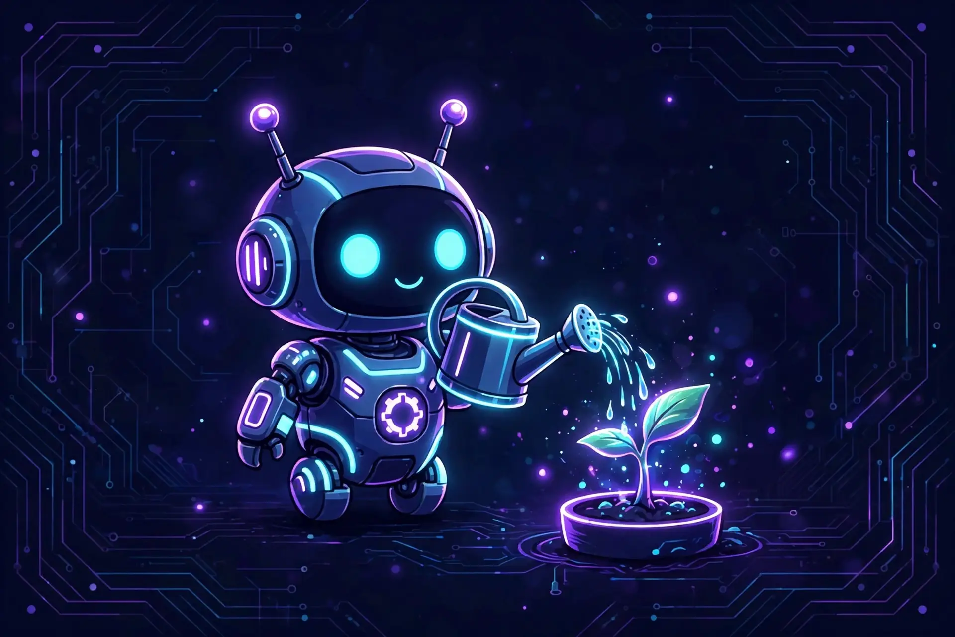 Tiny robot watering a small glowing plant, a cute visual for dainty and petite synonyms for small