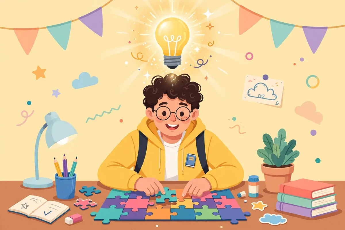 Smart synonyms illustrated - student solving a puzzle with a bright idea